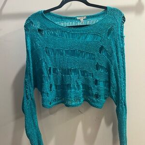 Loose Knit Distressed Cropped Sweater - Teal